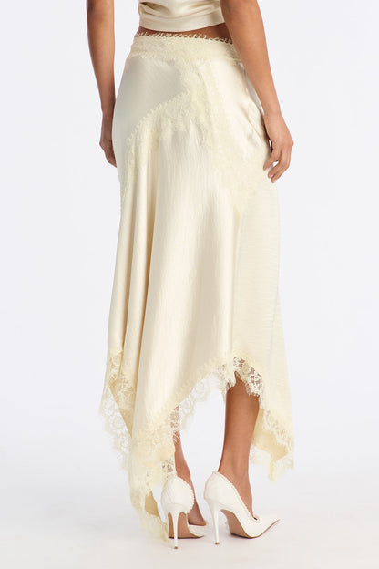 Romance Me Satin Lace Trim Midi Skirt - Off White