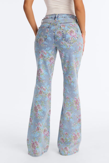 Bouquet Toss Floral Print Flare Jeans - Light Wash