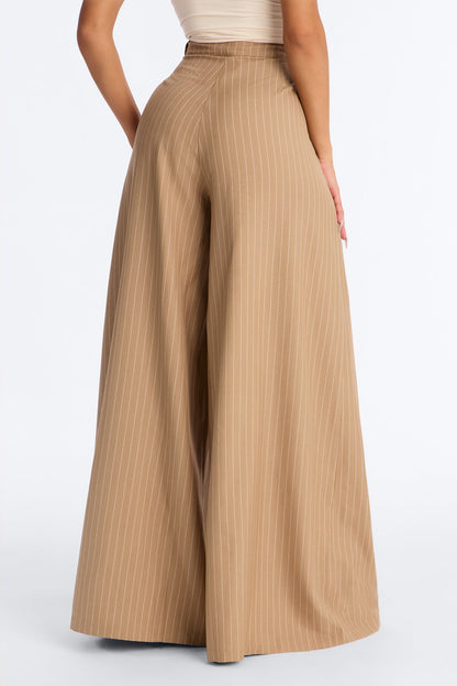 Catch A Break Pinstripe Wide Leg Pant 33″ - Taupe/combo