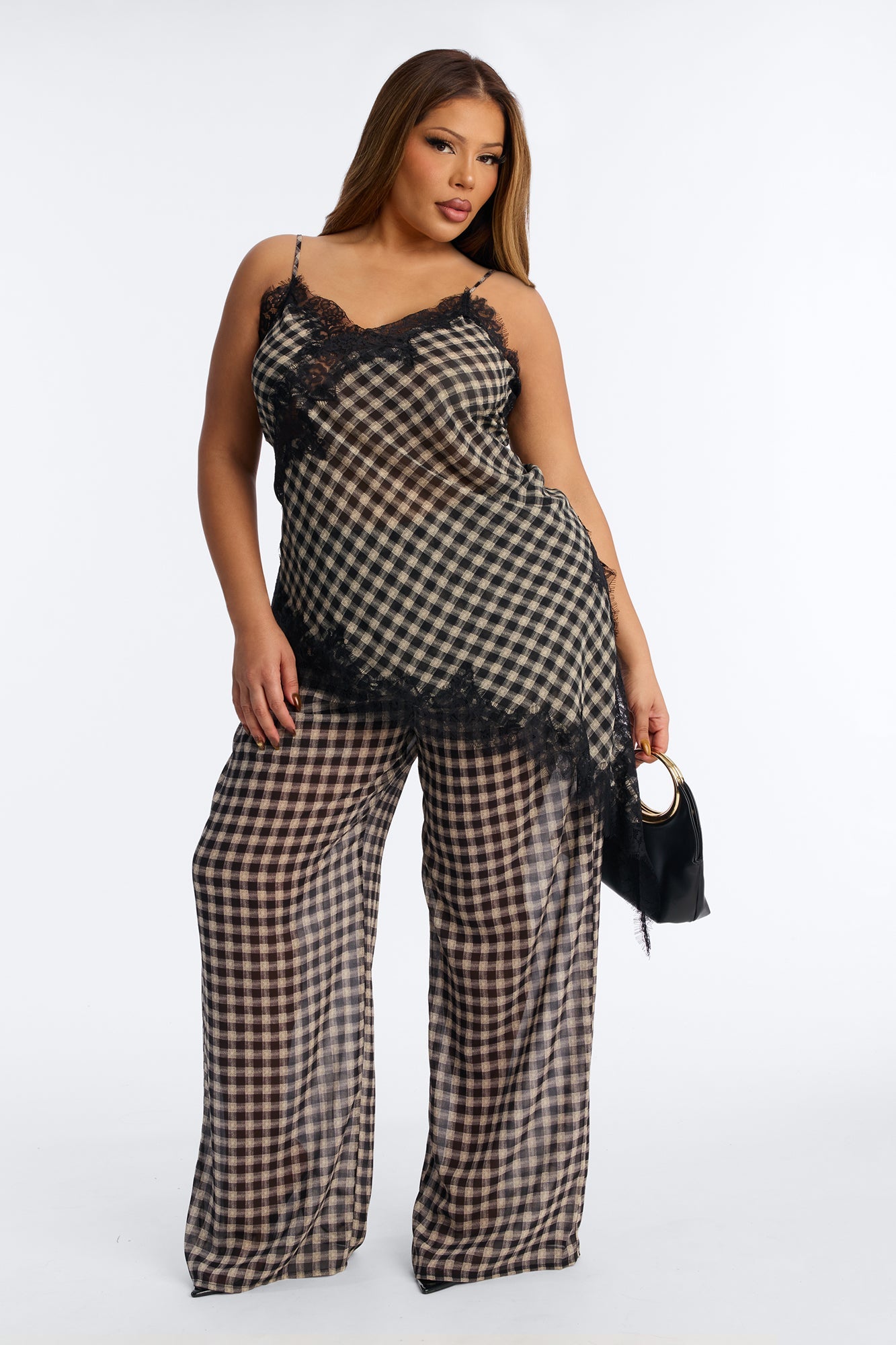 Janet Checkered Lace Trim Pant Set - Black/combo