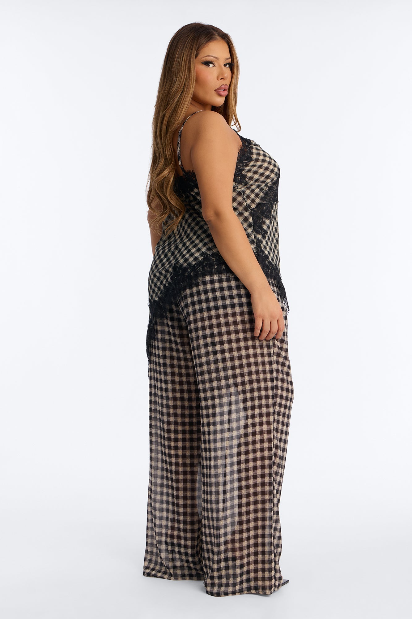 Janet Checkered Lace Trim Pant Set - Black/combo