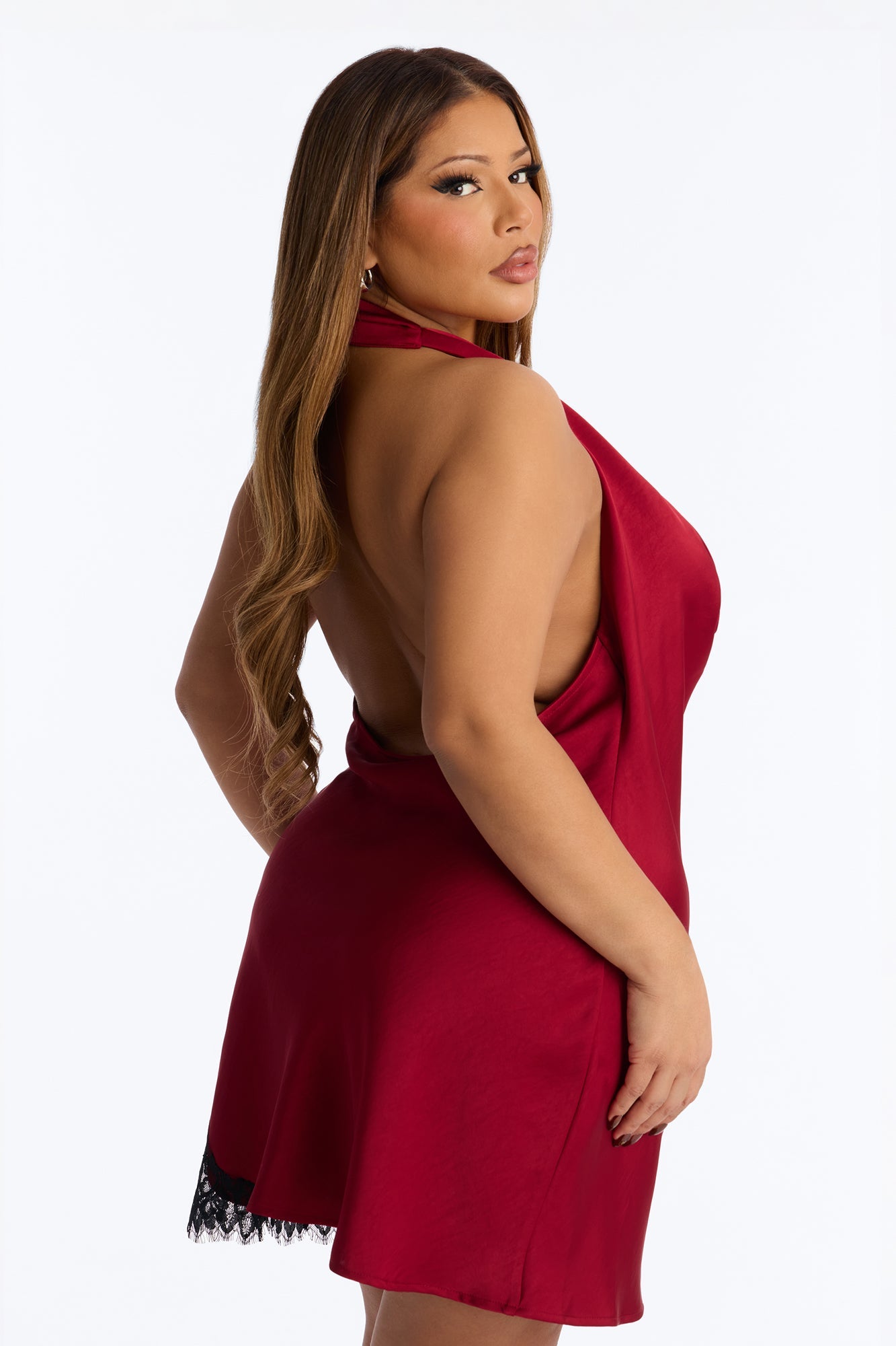 Selena Lace Trim Satin Mini Dress - Wine