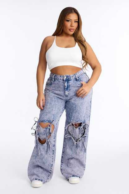 Tug On Heartstrings Non-Stretch Wide Leg Jeans - Pink