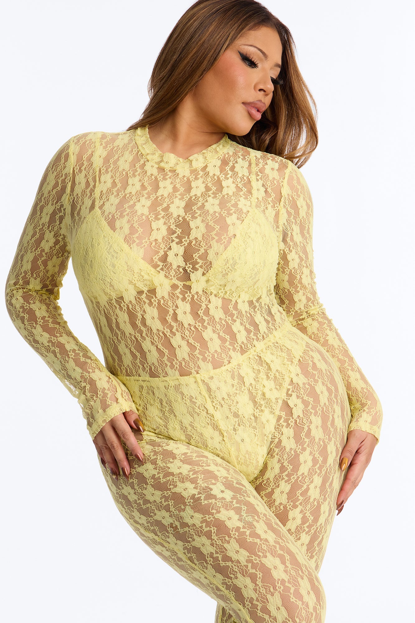 Angelica Lace Stirrup Catsuit 3 Piece Set - Butter Yellow