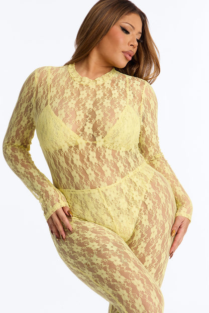 Angelica Lace Stirrup Catsuit 3 Piece Set - Butter Yellow