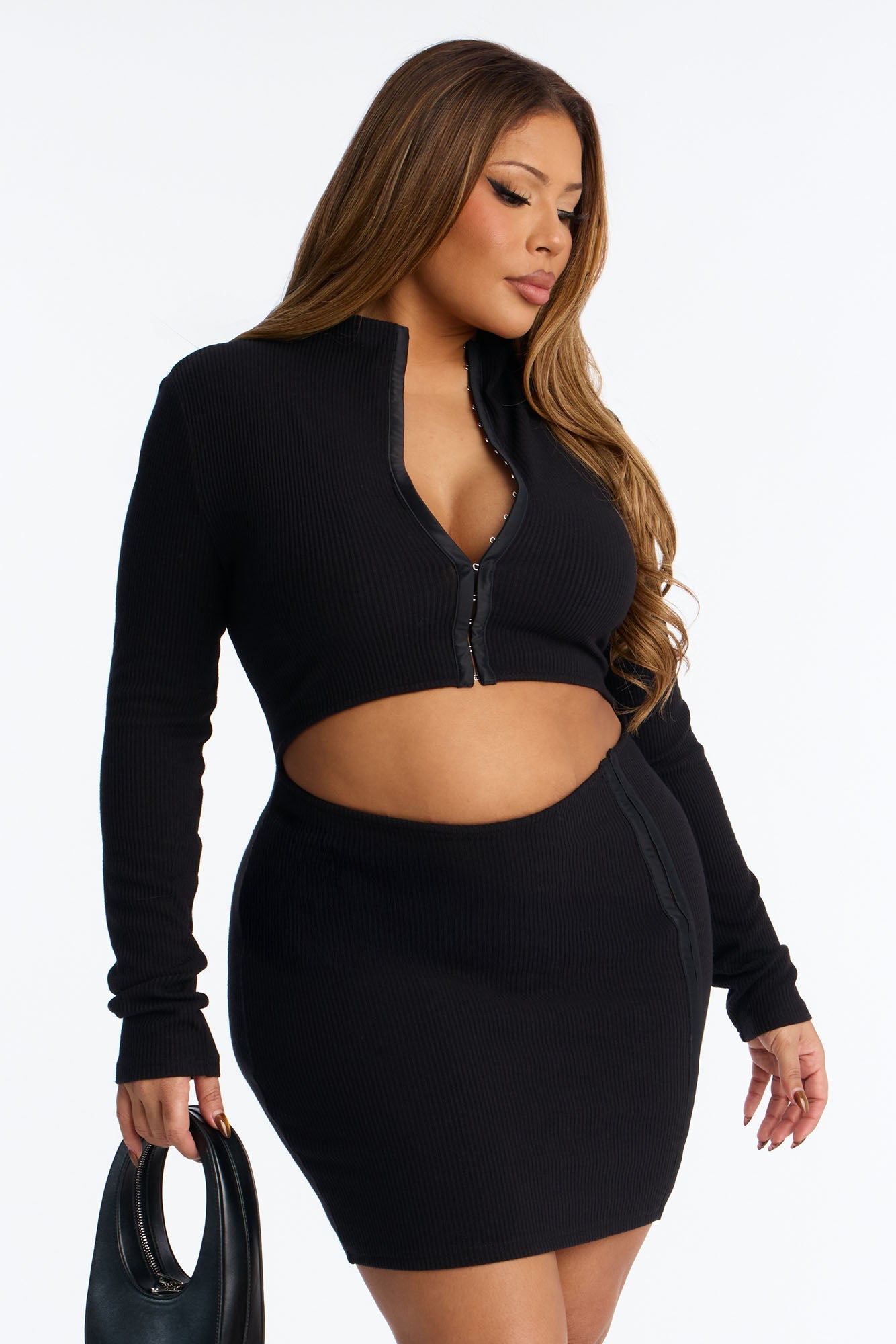 Catch Me While I Care Ribbed Mini Dress - Black