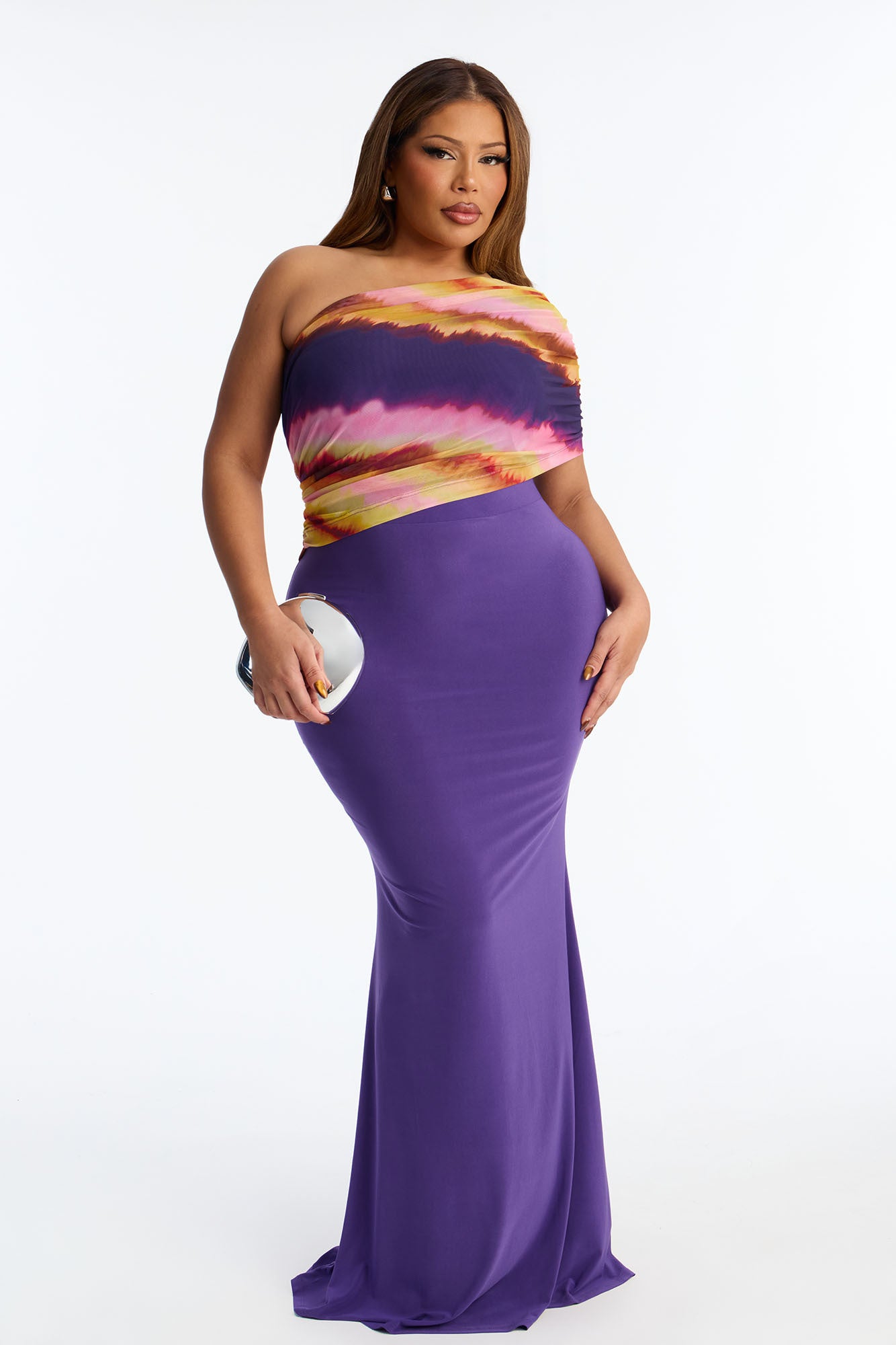 Amelia One Shoulder Maxi Dress Set - Plum/Multi