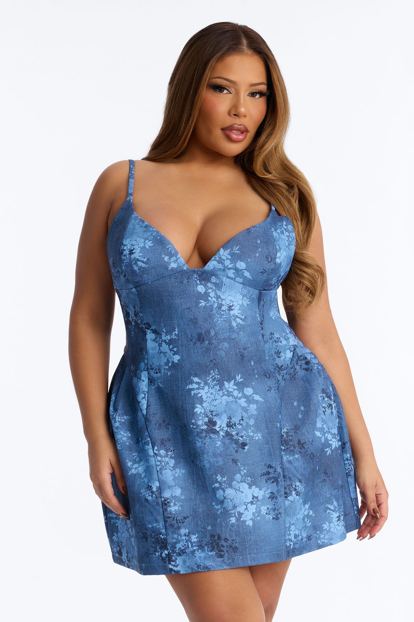 Josephine Floral Faux Leather Mini Dress - Blue