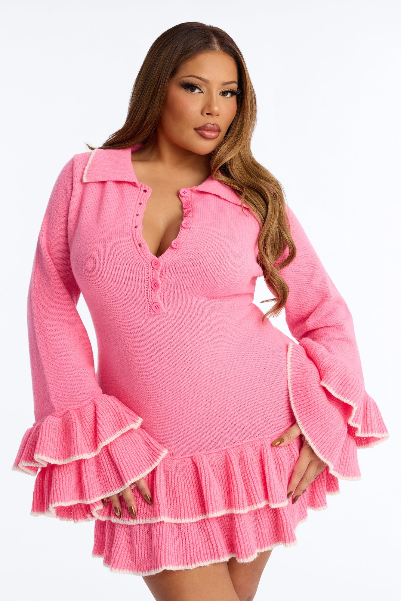 Carly Ruffle Hem Sweater Mini Dress - Pink