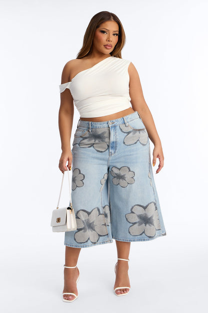 Born To Bloom Wide Leg Culotte Jeans - Light Wash