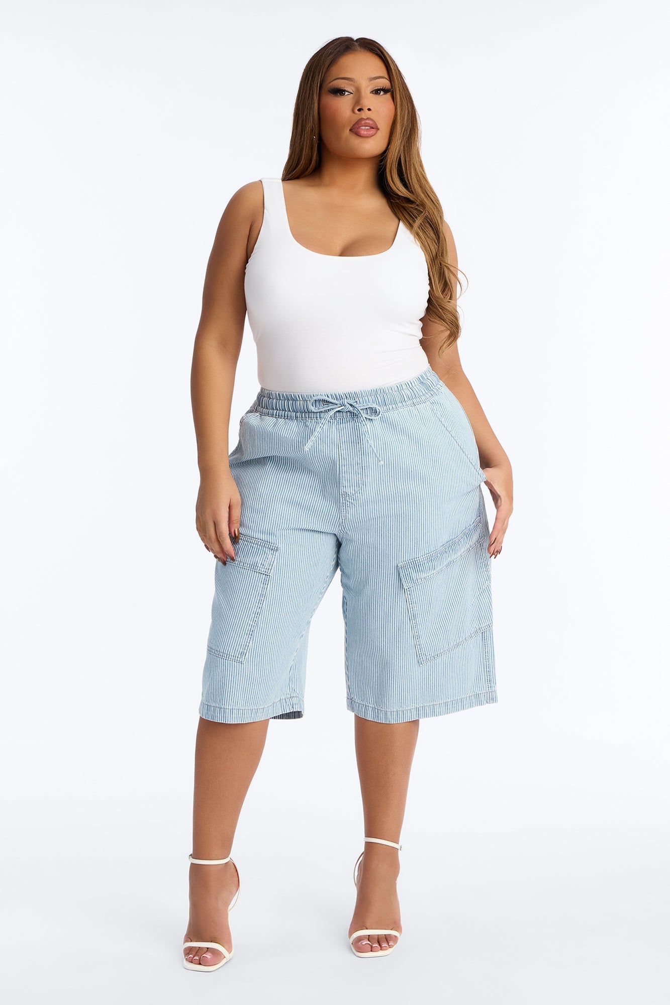 Seawalk Striped Pull On Cargo Denim Jorts - Light Wash