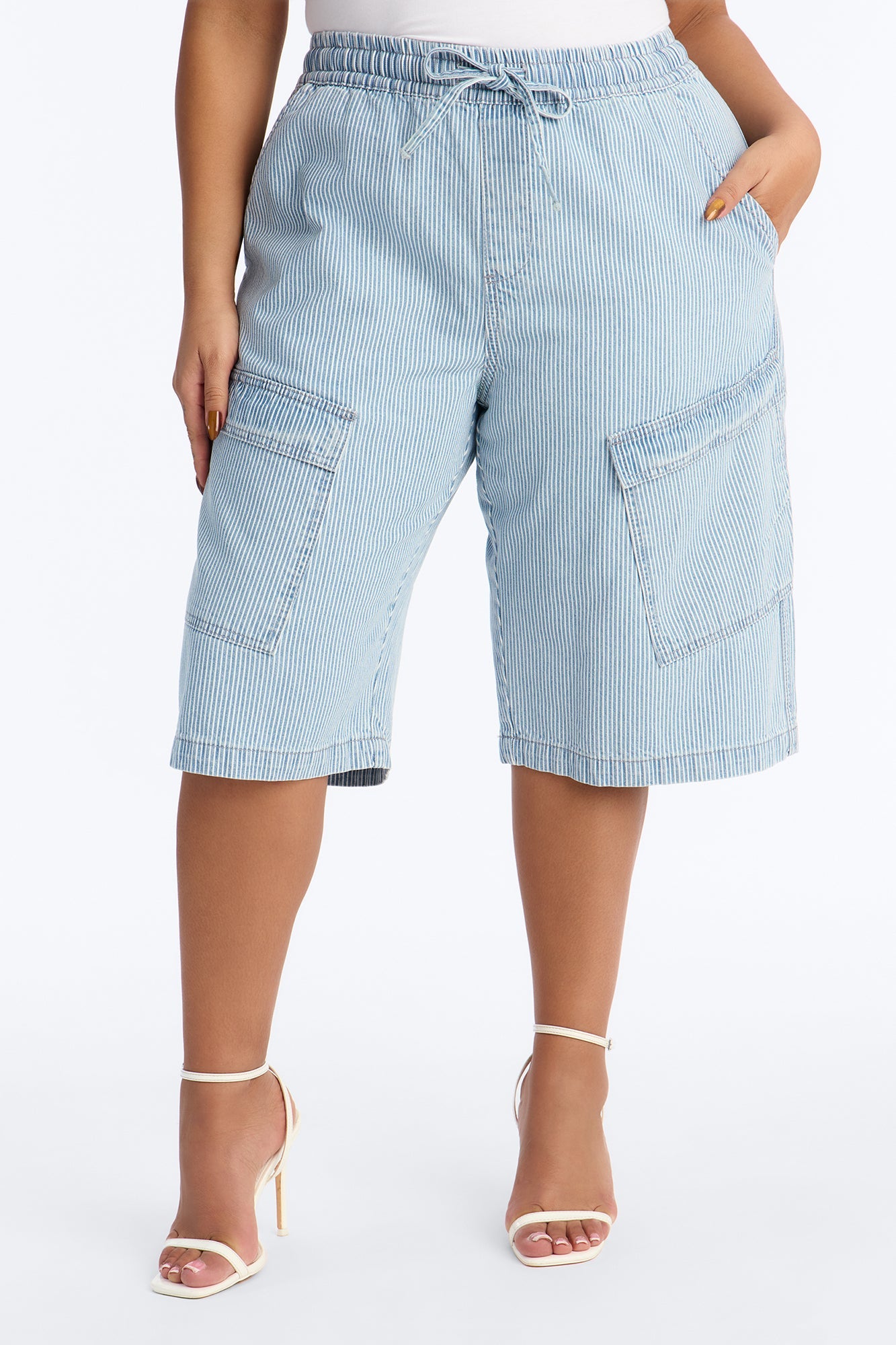 Seawalk Striped Pull On Cargo Denim Jorts - Light Wash