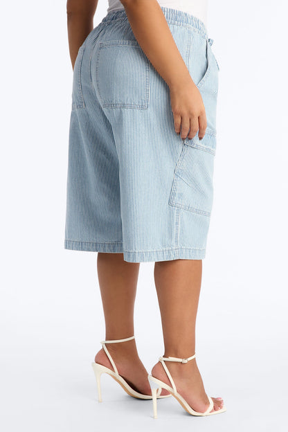 Seawalk Striped Pull On Cargo Denim Jorts - Light Wash