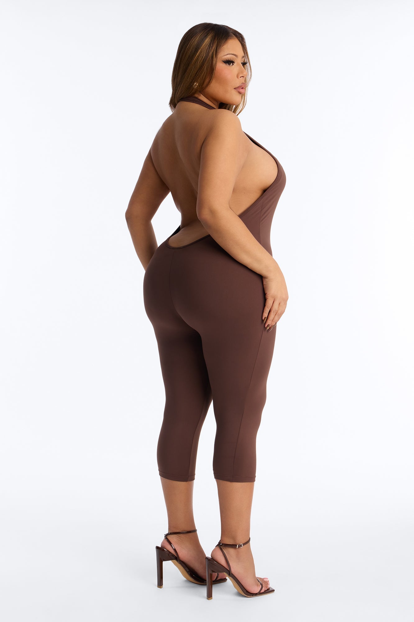 Isa High Neck Backless Capri Catsuit - Chocolate
