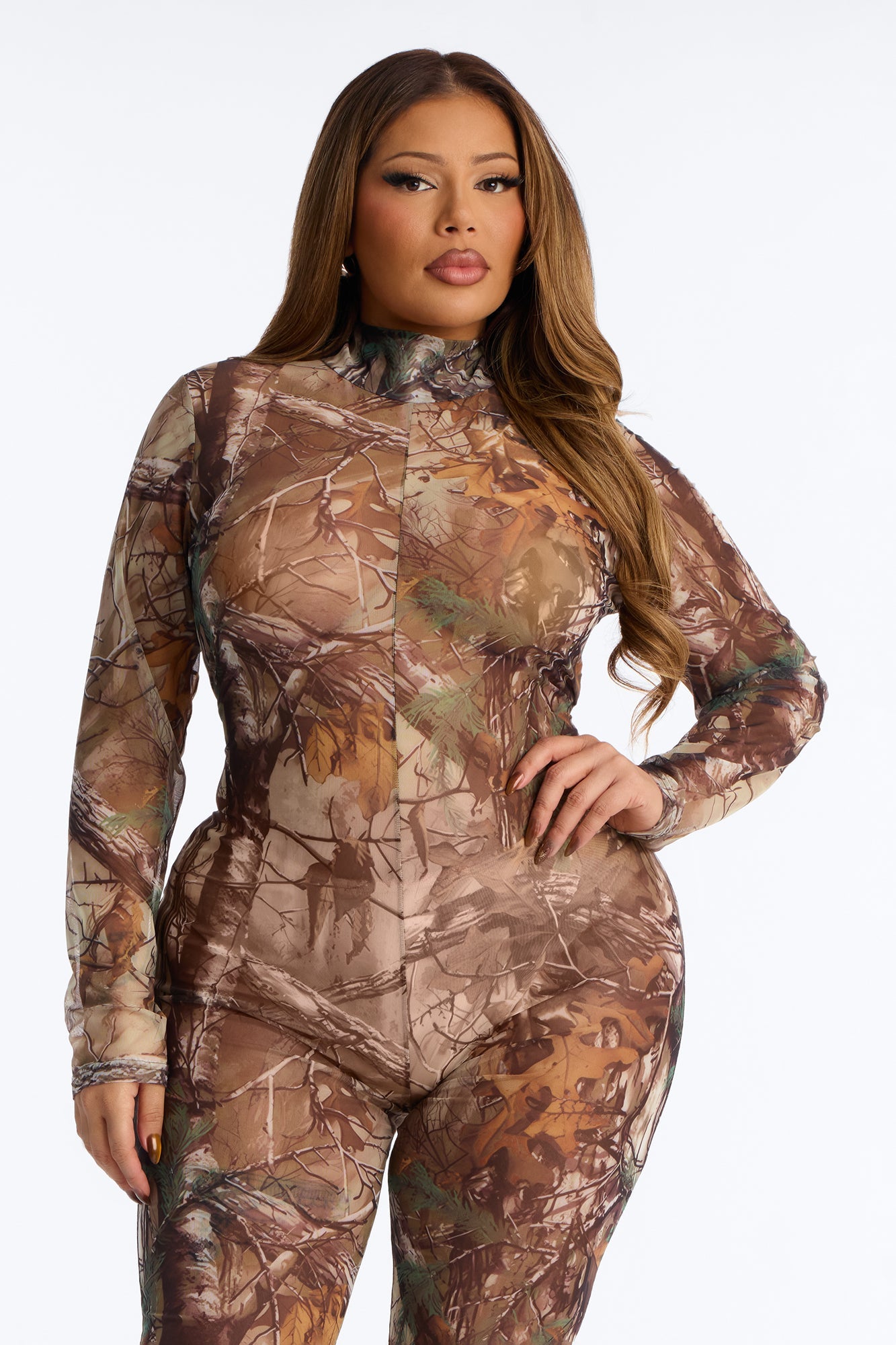 Cianna Mesh Camo Catsuit And Thong 2 Piece Set - Olive
