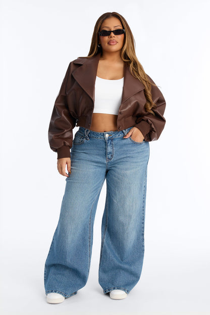 Janet Cropped Faux Leather Moto Jacket - Brown