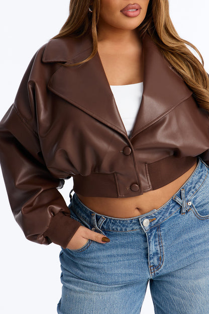 Janet Cropped Faux Leather Moto Jacket - Brown