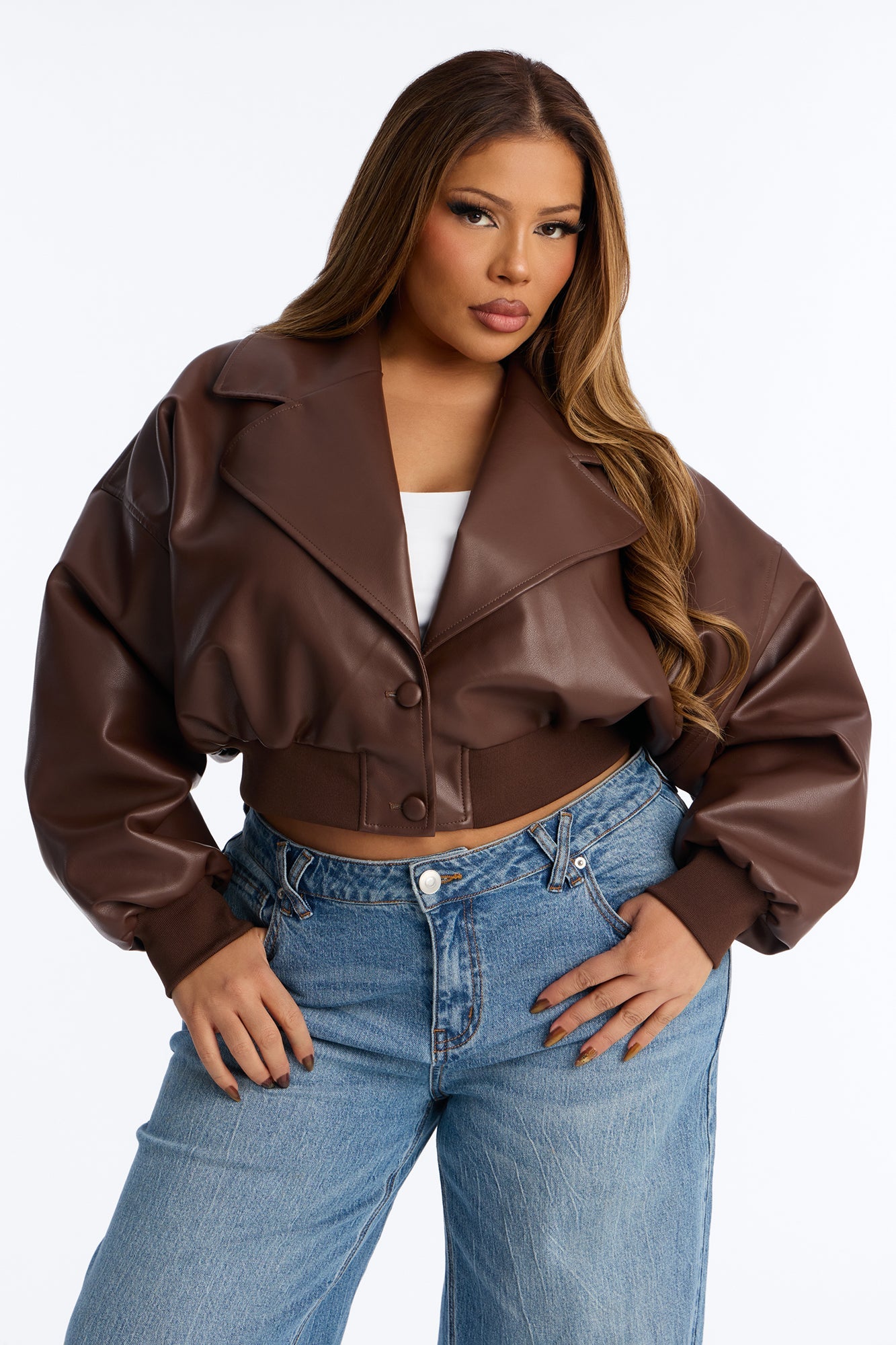 Janet Cropped Faux Leather Moto Jacket - Brown