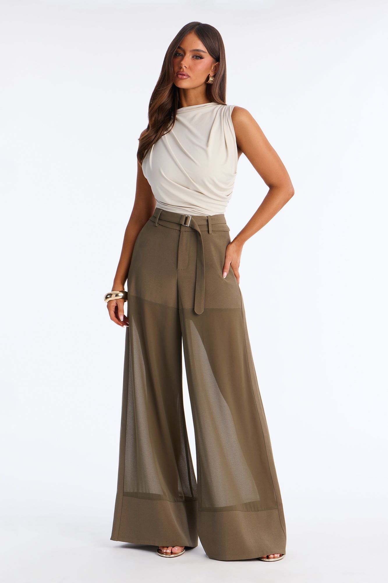 Irma Chiffon Wide Leg Pant 32″ - Military Green