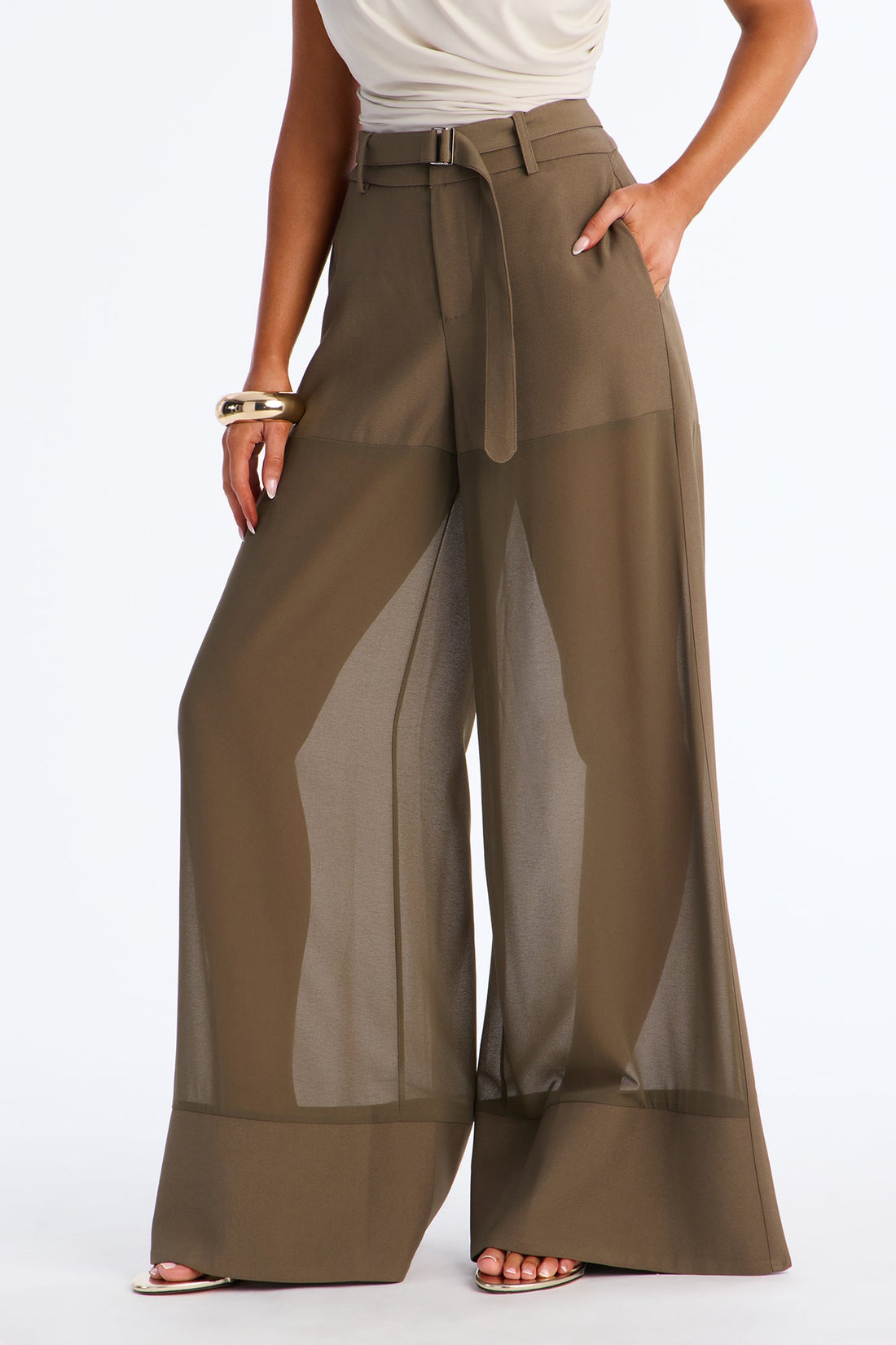 Irma Chiffon Wide Leg Pant 32″ - Military Green