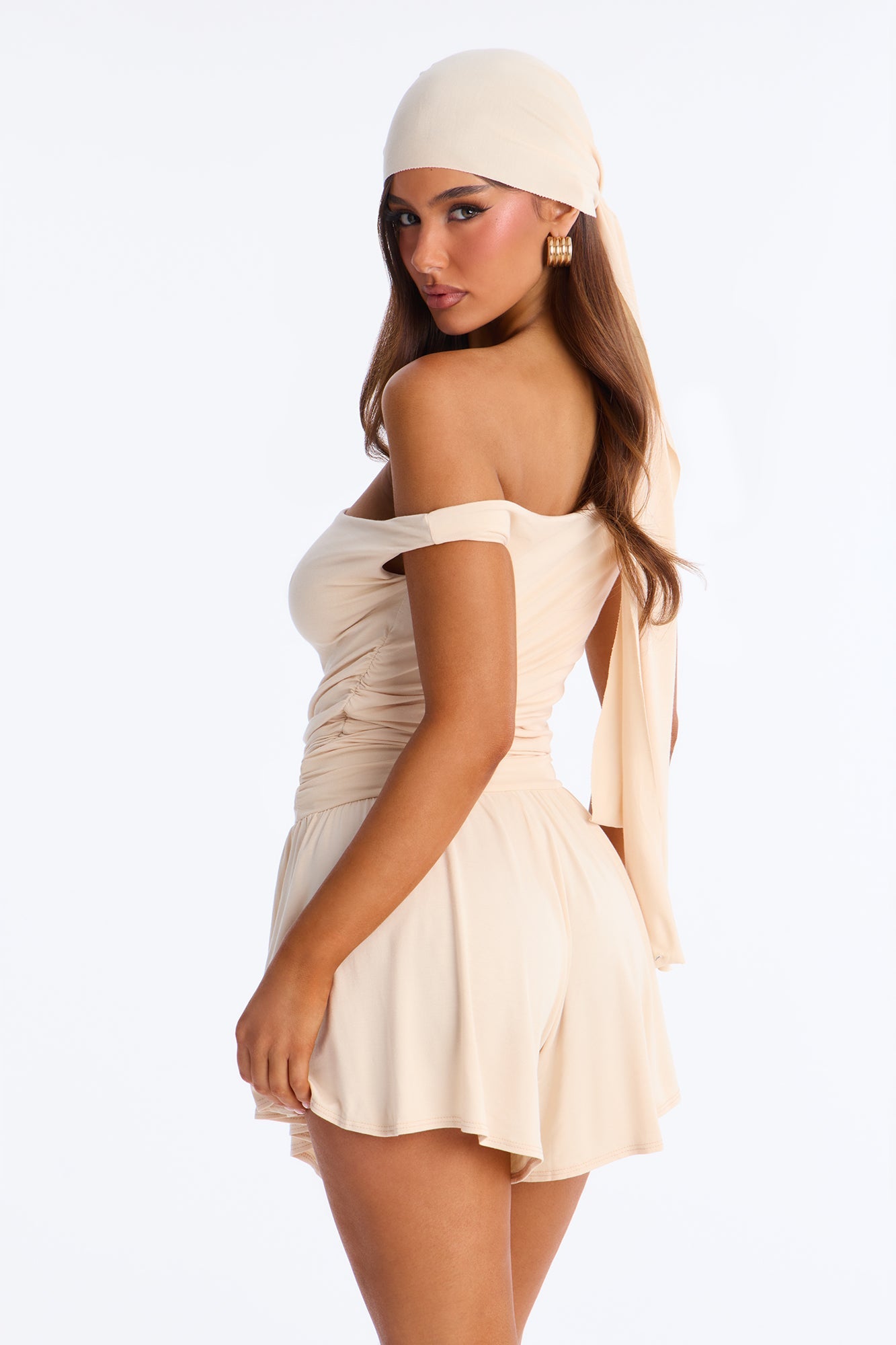 Monica Ruched Romper And Headscarf 2 Piece Set - Cream