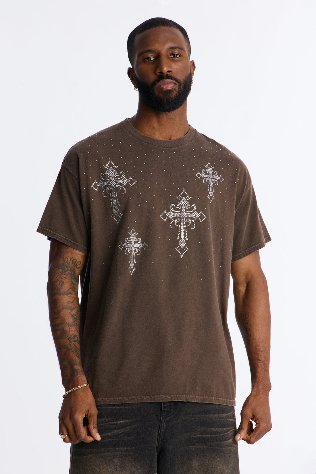Bare The Cross Rhinestones Oversized Short Sleeve Tee - Chocolate