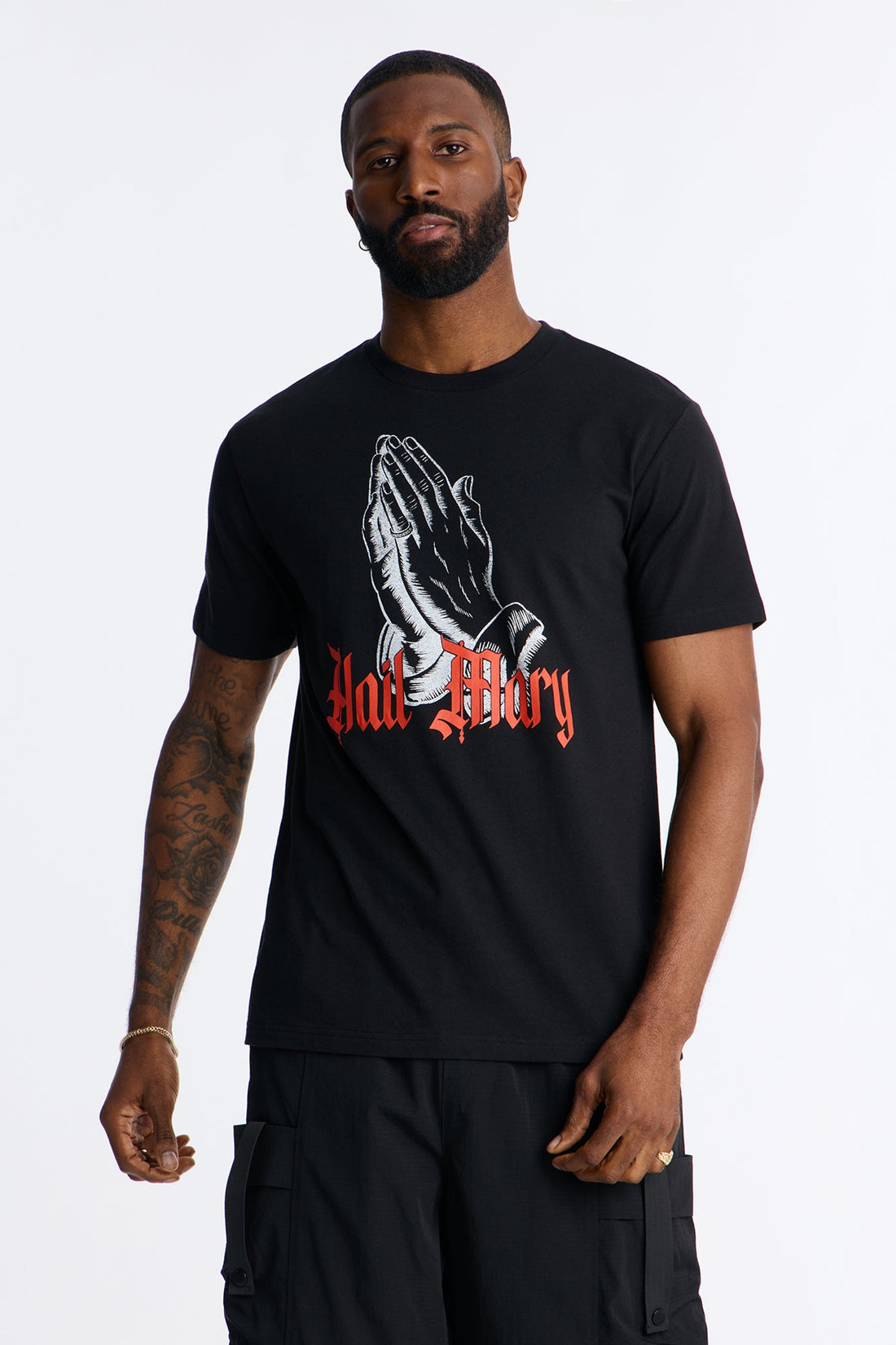Hail Mary Praying Hands Graphic Short Sleeve Tee - Black