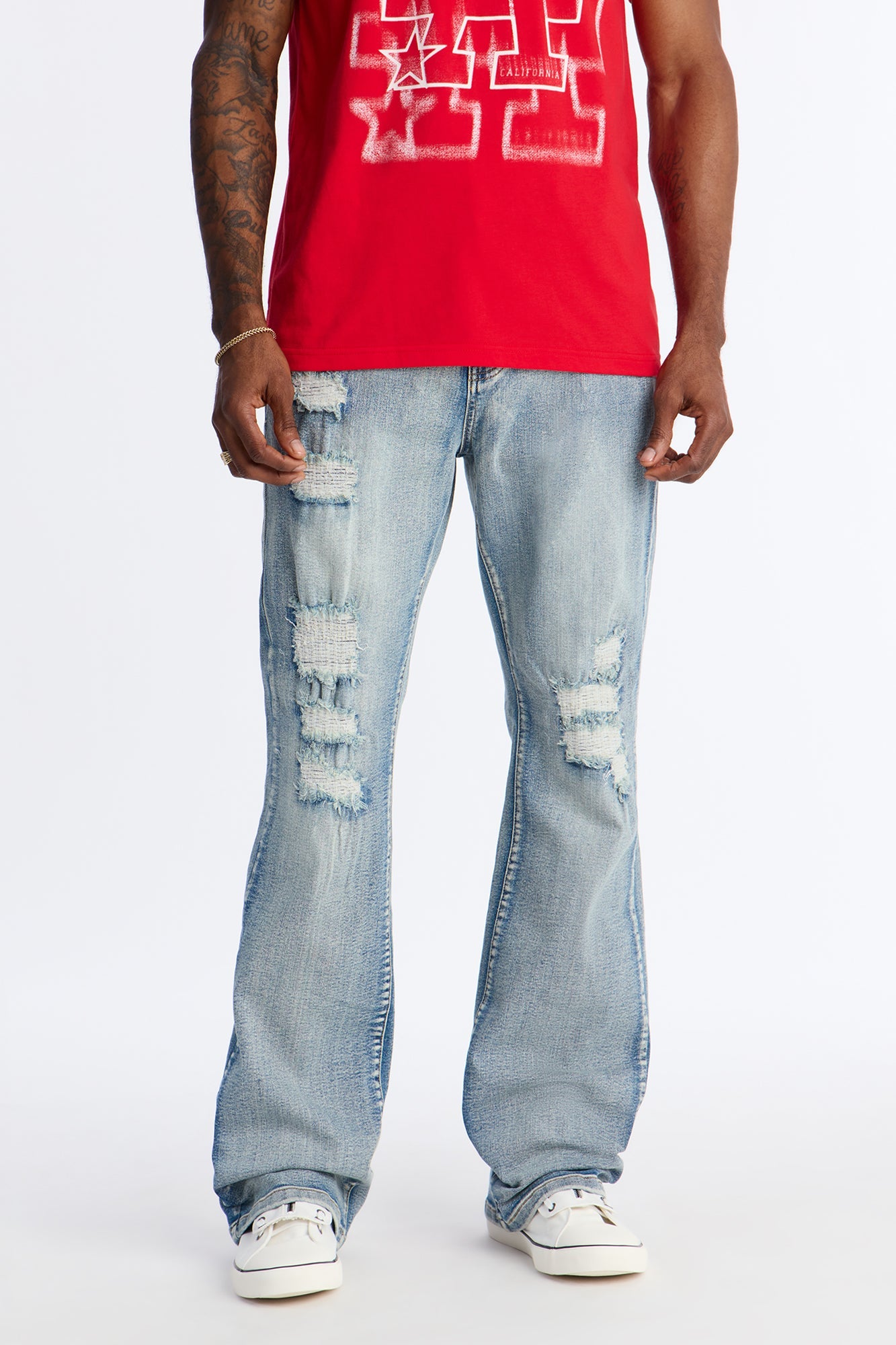 Stacked Skinny Flare Rouge Ripped Jeans - Light Wash