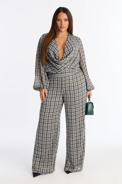 Karina Chiffon Plaid Wide Leg Jumpsuit - Grey