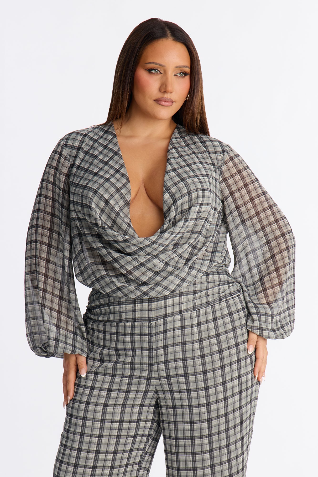 Karina Chiffon Plaid Wide Leg Jumpsuit - Grey