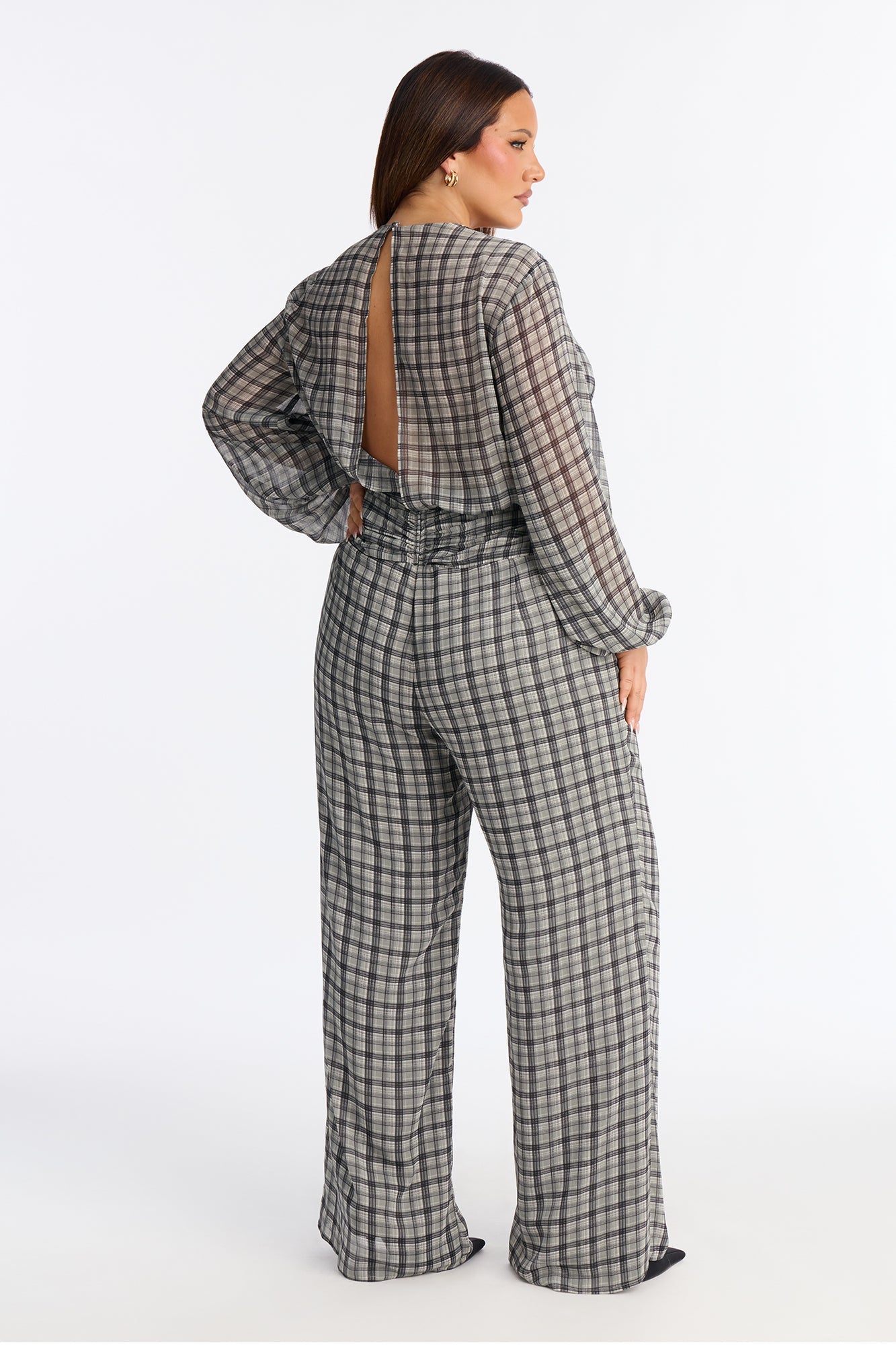 Karina Chiffon Plaid Wide Leg Jumpsuit - Grey