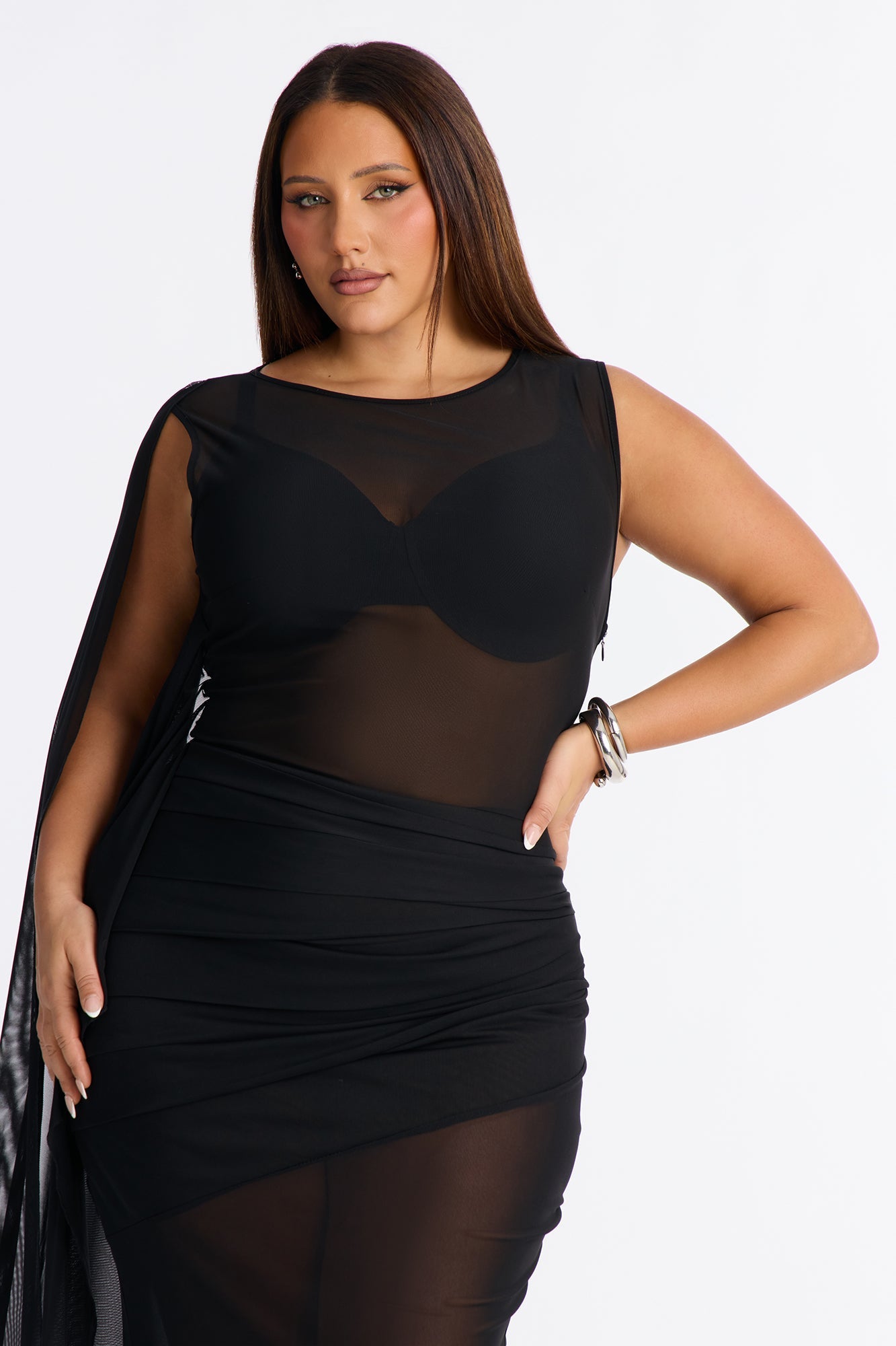 Winnie Draped Mesh Maxi Dress - Black