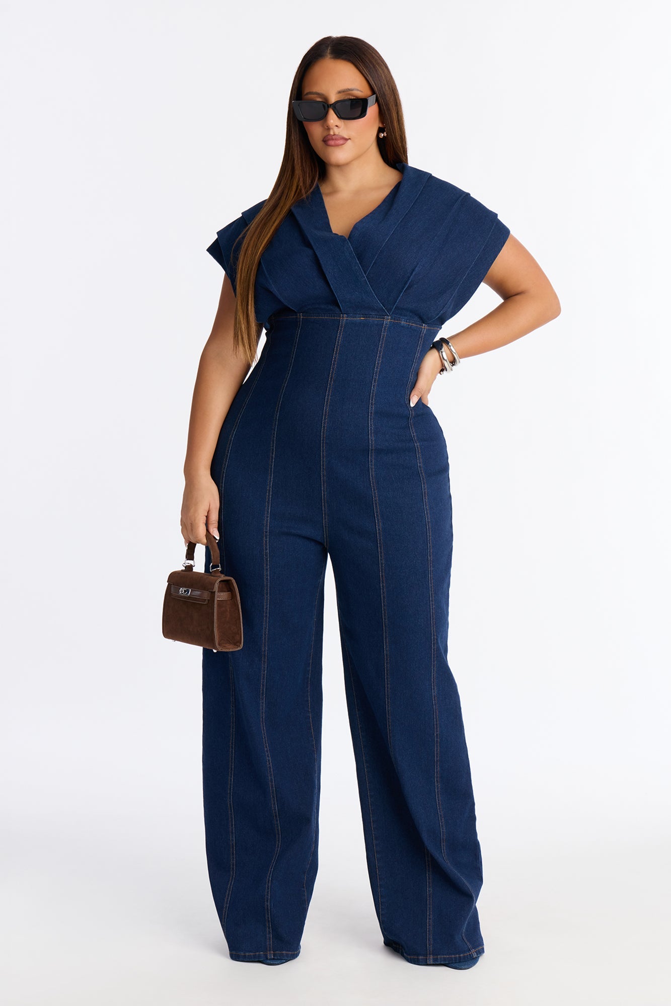 Jules Denim Drama Wide Leg Jumpsuit - Dark Denim