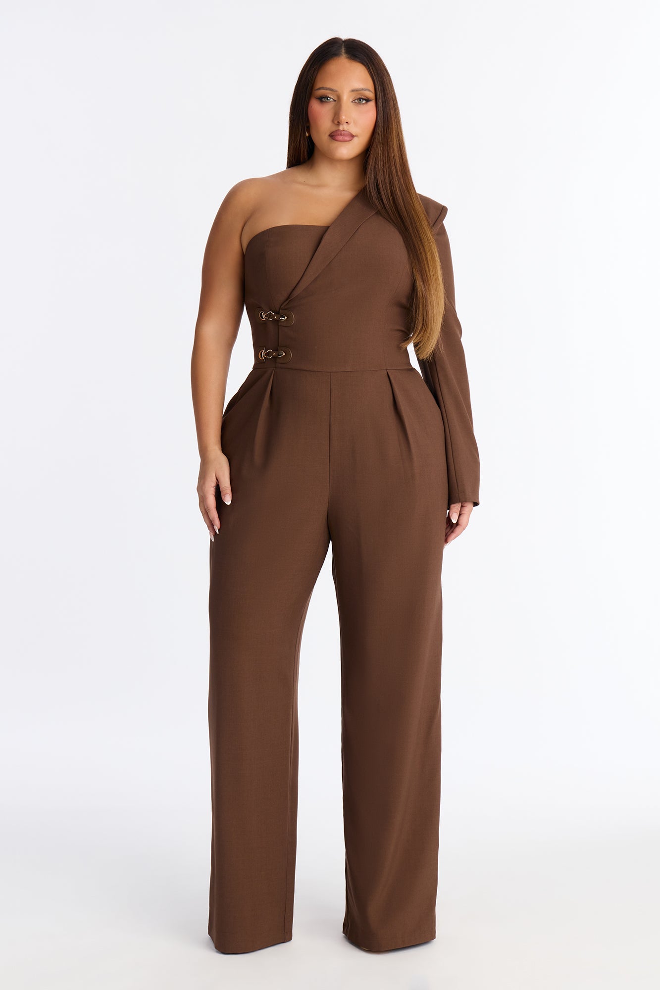 Makena Buckle One Shoulder Jumpsuit - Brown