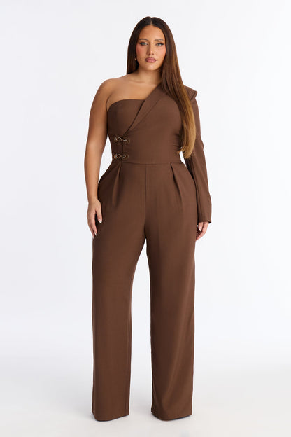Makena Buckle One Shoulder Jumpsuit - Brown
