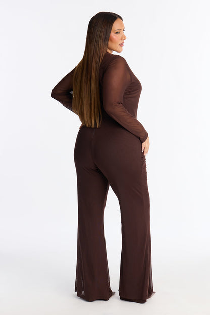 Wild Temptation Mesh Striaght Leg Jumpsuit - Chocolate