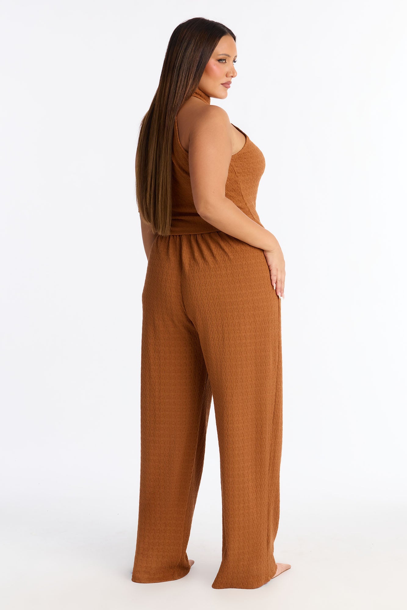 Gabriella Textured Asymmetrical Pant Set - Cognac
