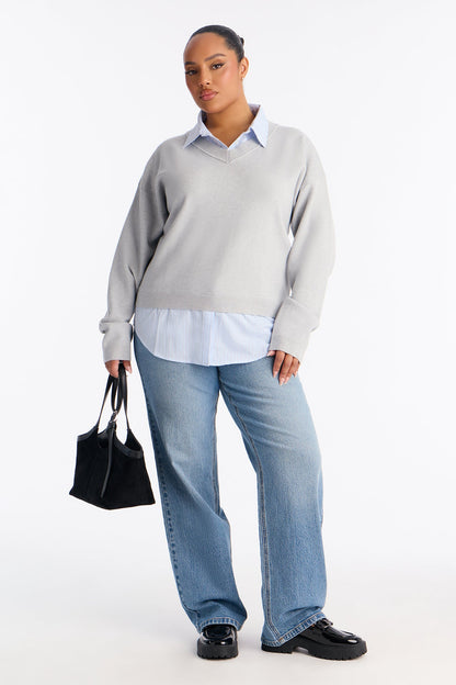 Office Vibes Set-In Poplin Sweater - Grey/combo