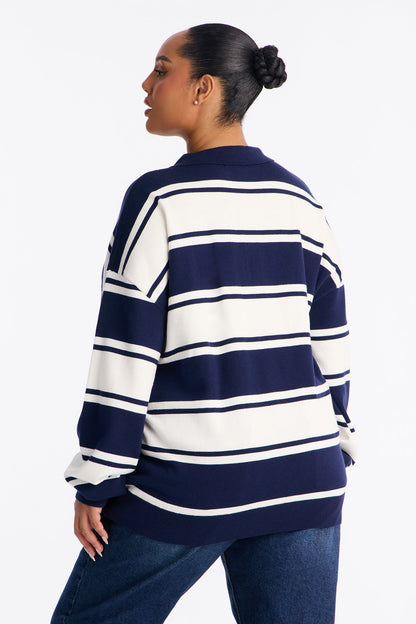 West Coast Striped Rugby Polo Sweater - Navy/combo