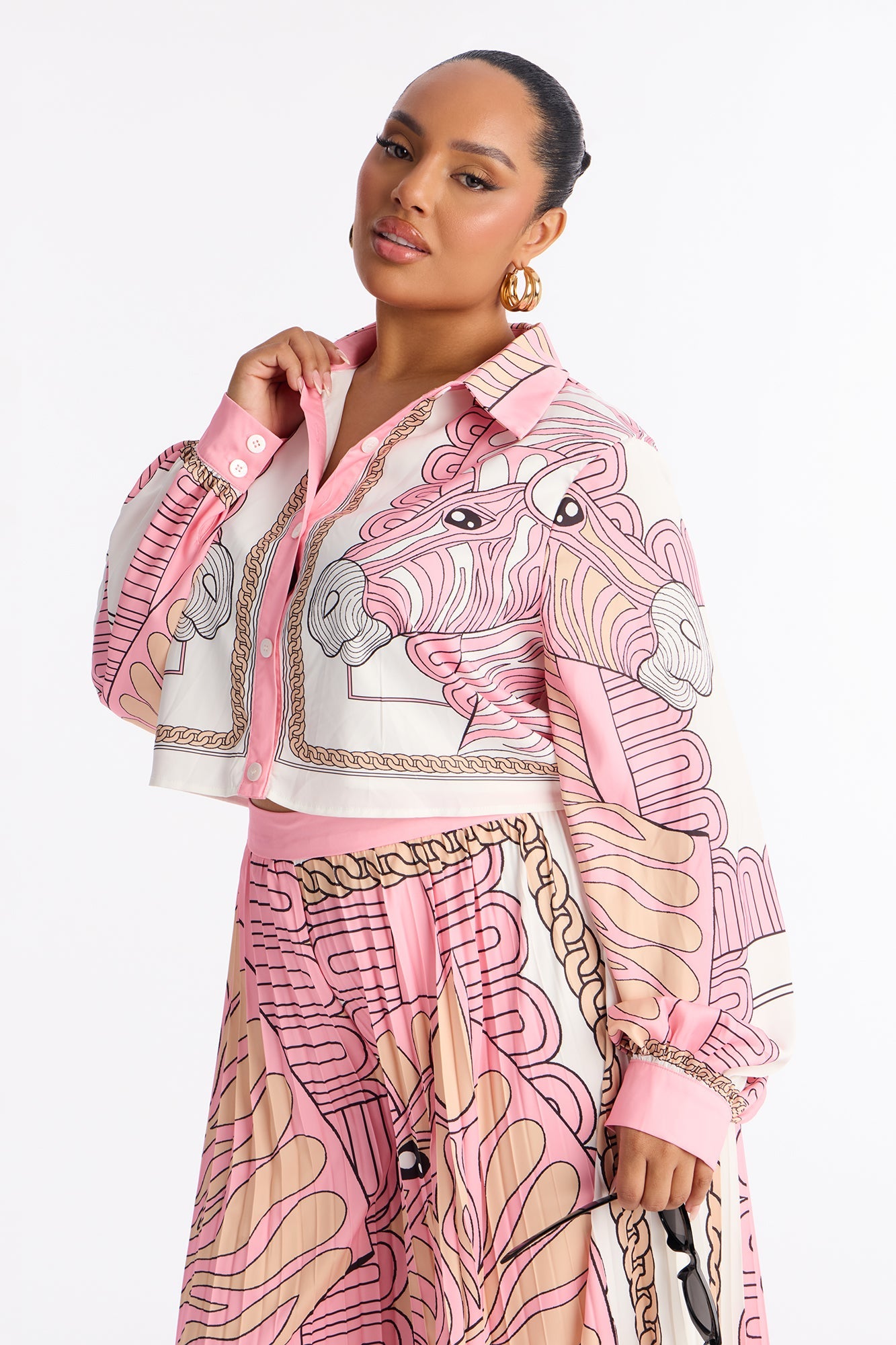 Marlene Satin Pleated Pant Set - Pink/combo