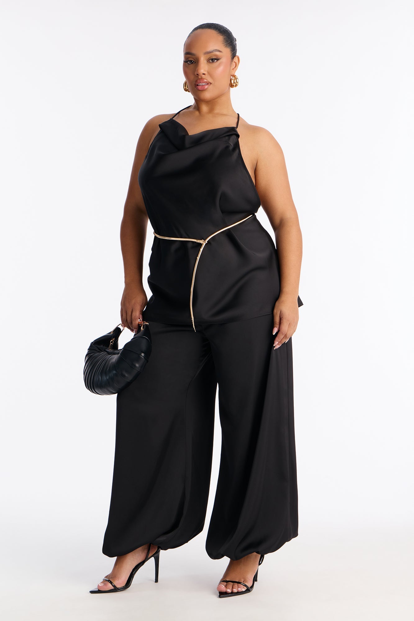 Malu Satin Halter Balloon Pant Set - Black