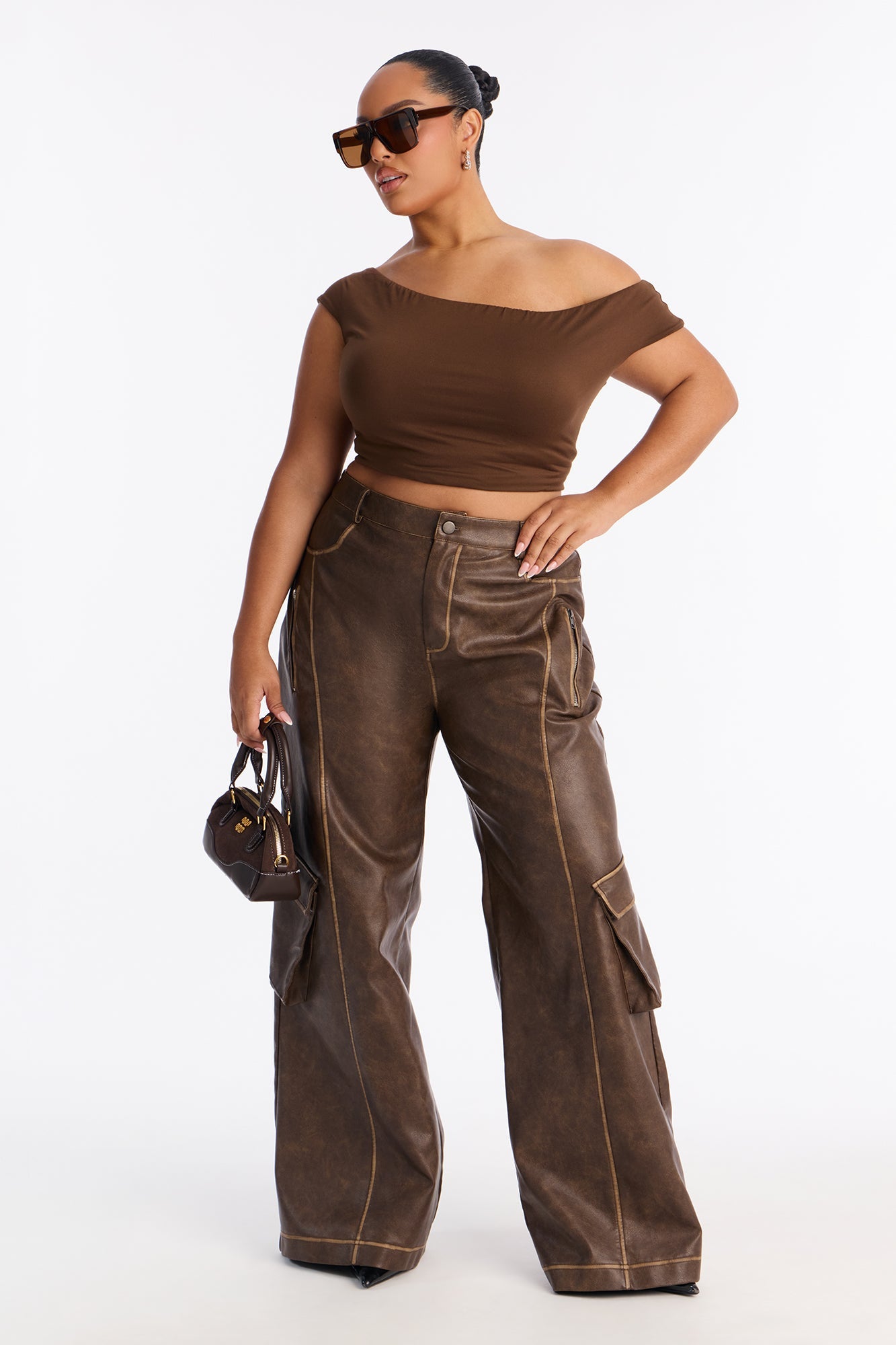 Gaia Faux Leather Cargo Pants 33 - Brown