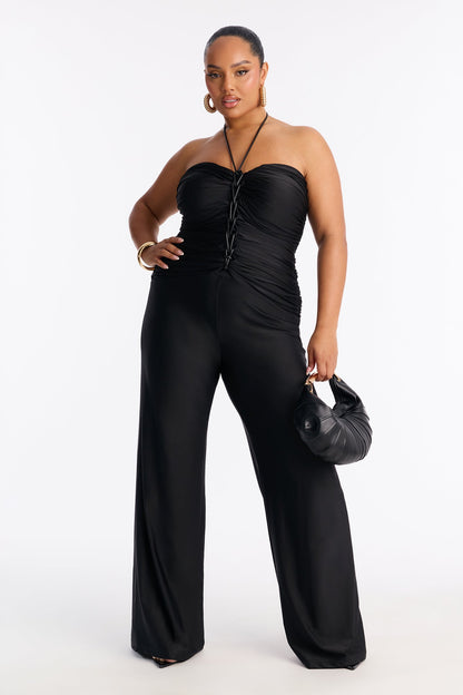 Zaria Lace Up Halter Jumpsuit - Black