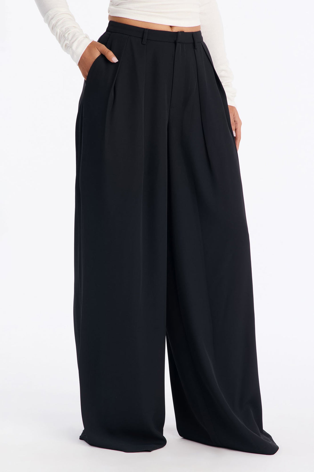 Reese Low Rise Drape Wide Leg Trouser Pant 33″ - Black
