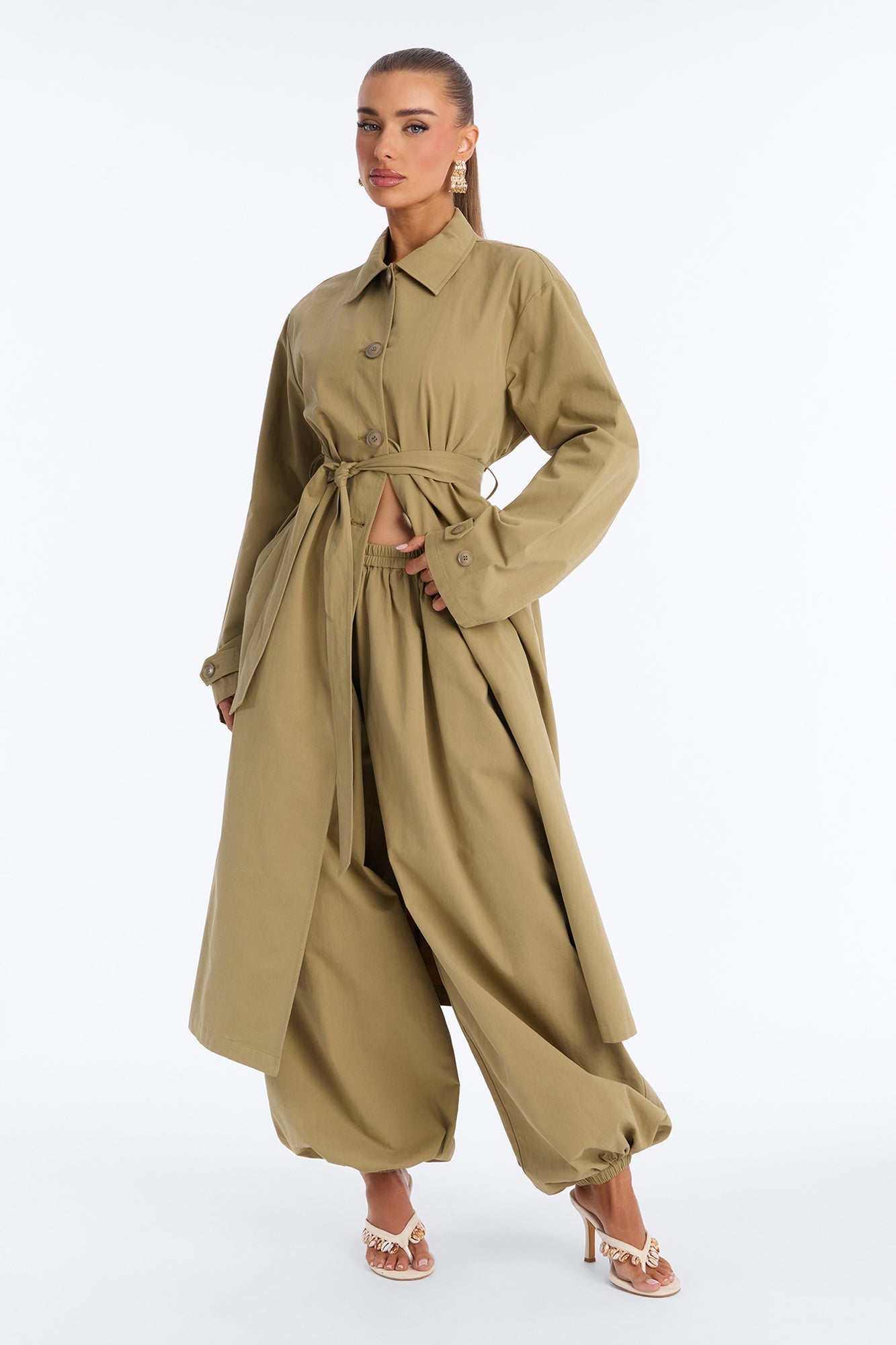 Down The Street Trench Coat Balloon Pant Set - Olive