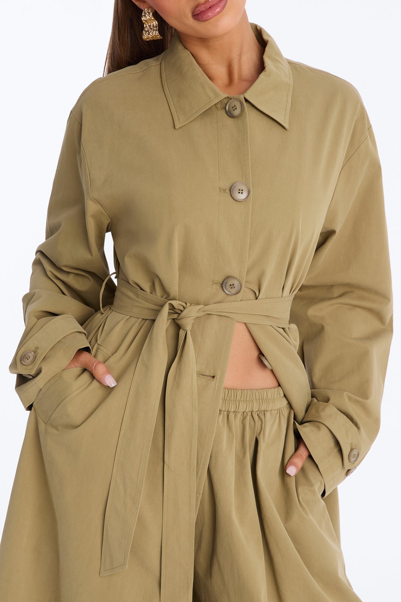 Down The Street Trench Coat Balloon Pant Set - Olive