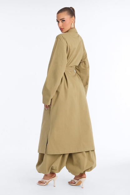 Down The Street Trench Coat Balloon Pant Set - Olive