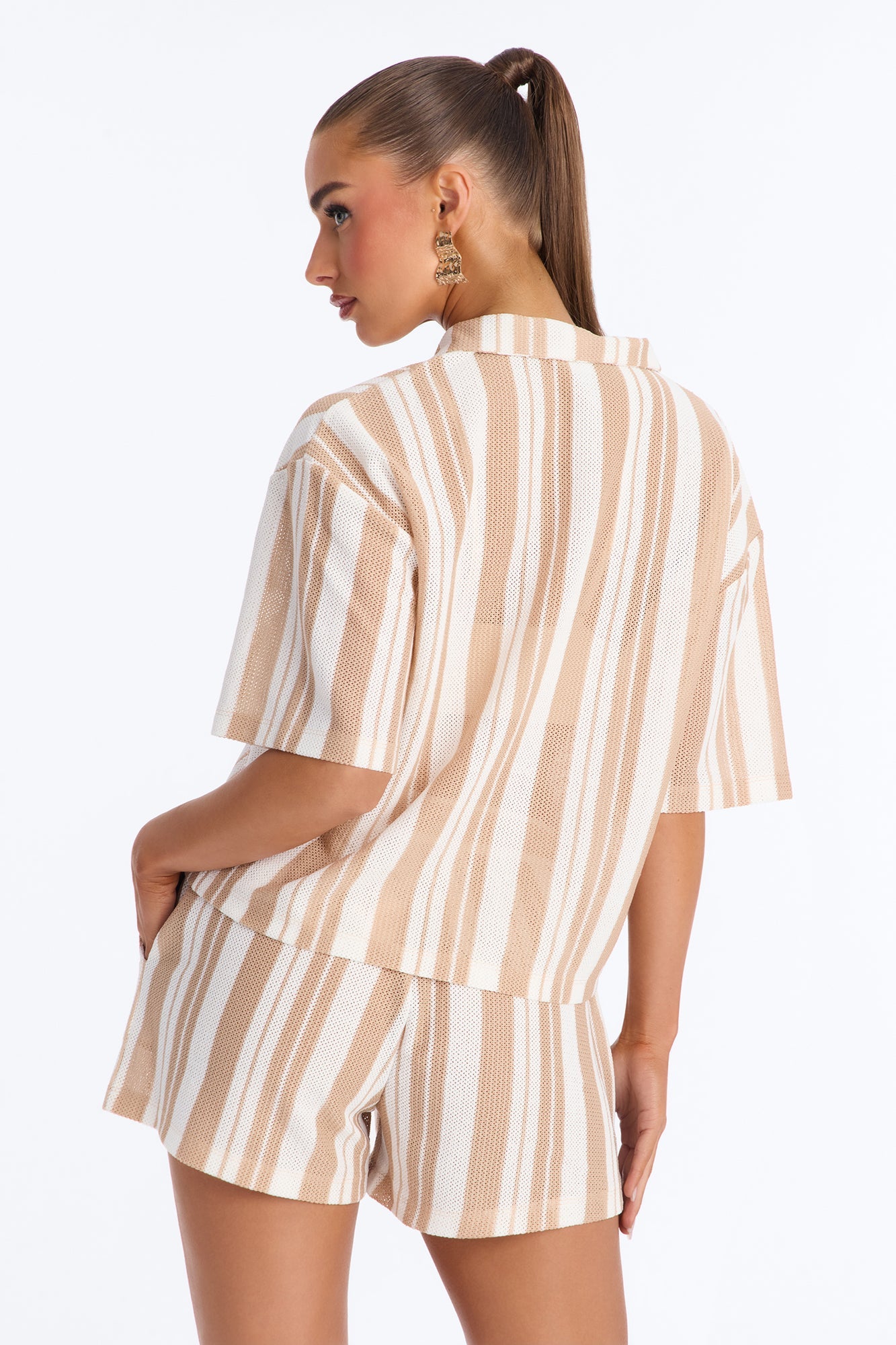 Lea Crochet Stripe Short Set - Taupe/combo