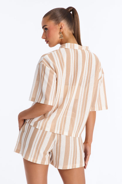 Lea Crochet Stripe Short Set - Taupe/combo