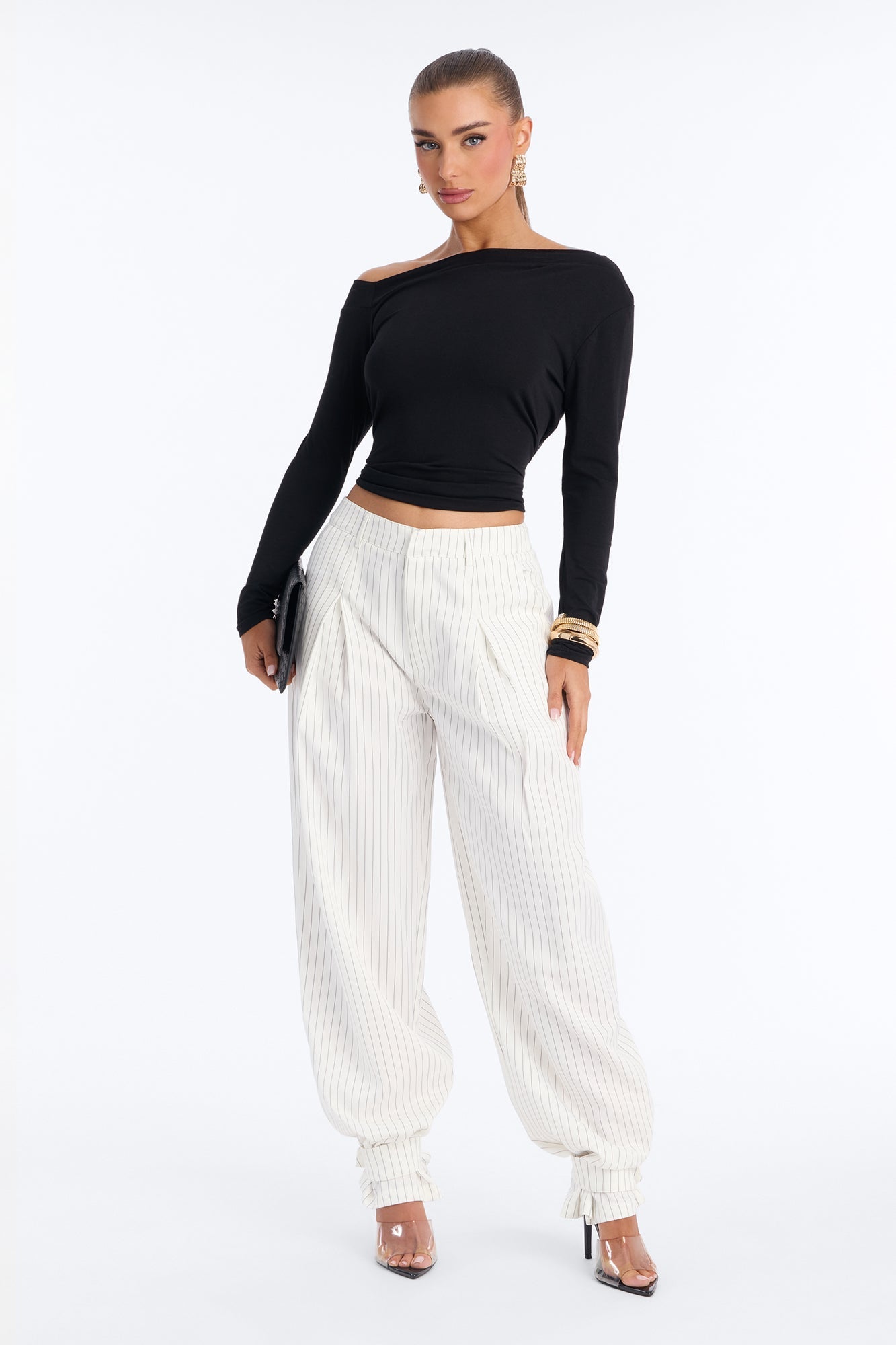 Never Settle Pinstripe Adjustable Cuff Trouser Pants 33″ - Ivory